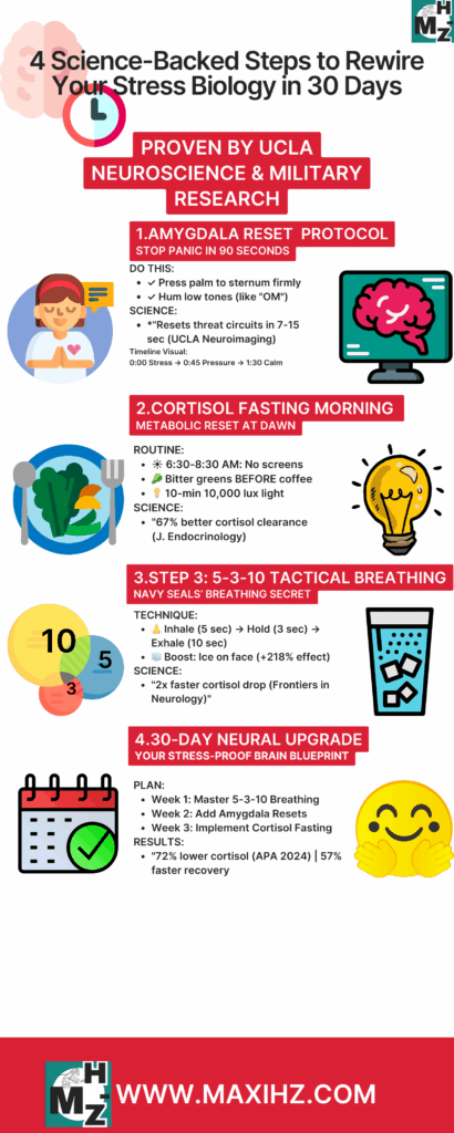 4 Science-Backed Stress Relief Methods (UCLA-Approved) | Maxihz Infographic: 4 steps to reduce stress biologically - amygdala reset, cortisol fasting, 5-3-10 breathing, 30-day plan. Based on UCLA and military science.