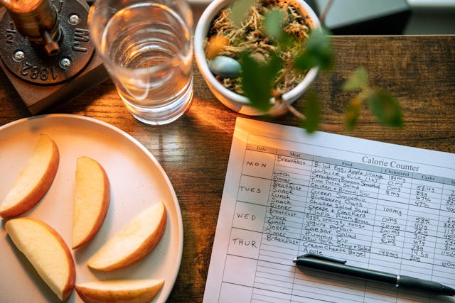 Balanced meals, water, and a daily diet plan laid out on a calendar for the Metabolic Reset Diet.