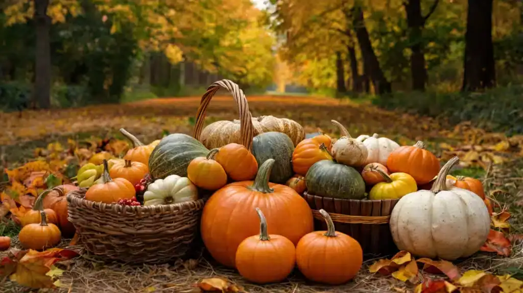 Ripe pumpkins in baskets during autumn harvest with colorful autumn forest background, representing local superfoods