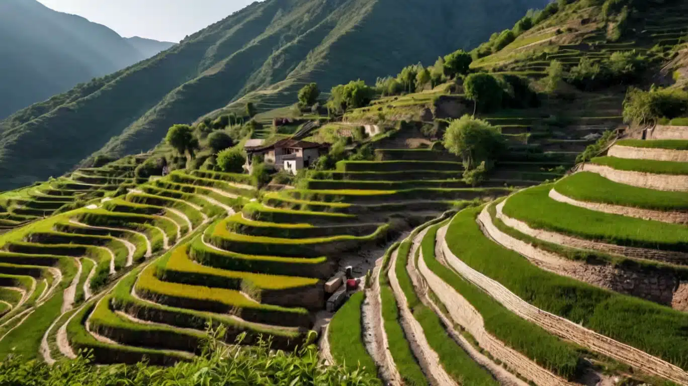 Multi-tiered mountain terraced farm showcasing diverse local superfoods in natural landscape